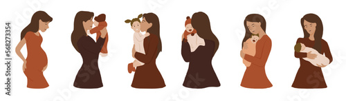 set of cute mother and newborn baby, child. full of love and care. Mom and child embracing each other. isolated vector flat illustration.