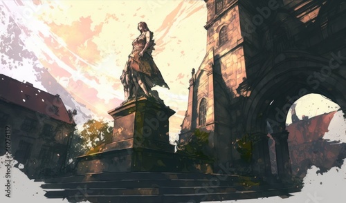 Statue, day in a medieval city, in a painted watercolor style, Cesin city #76
