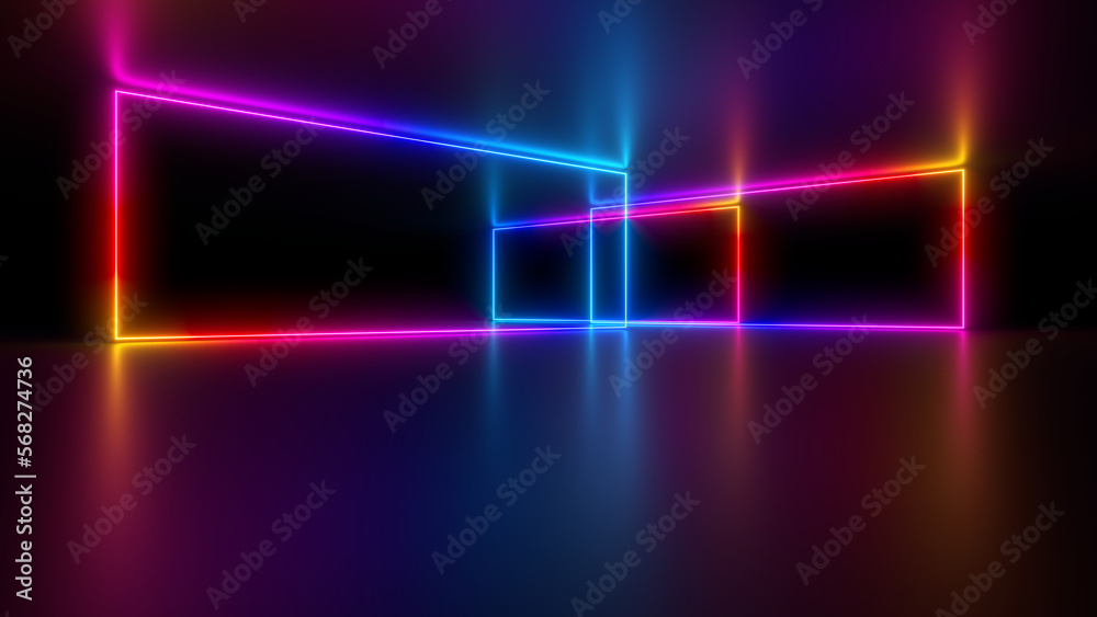 Sci Fy neon glowing wave lines in a dark hall. Reflections on the floor and ceiling. 3d rendering image. Abstract glowing lines. Techology futuristic background. Sci Fy neon glowing wave lines in a dark hall. Reflections on the floor and ceiling. 3d rendering image. Abstract glowing lines. Techology futuristic background.