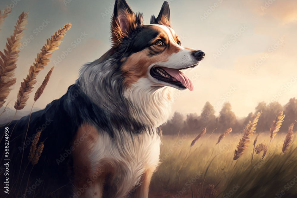A detailed and beautiful digital artwork of a dog, showcasing their conscious and loyal spirit through intricate details and vivid colors