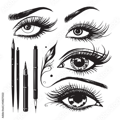 Eye liner vector. Beautiful Woman eyes makeup vector. Set of different vector eyeliner shapes.