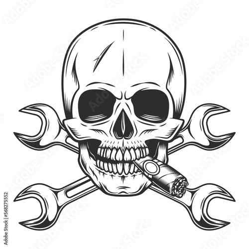 Vintage skull smoking cigar or cigarette smoke with body shop service car and truck mechanic repair tool crossed wrench or construction for gas and builder plumbing pipe spanner illustration
