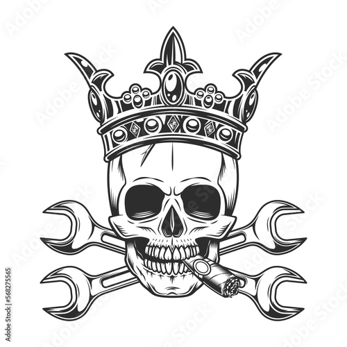 Vintage skull smoking cigar or cigarette smoke in royal crown with body shop service car and truck mechanic repair tool crossed wrench or construction for gas and builder plumbing pipe spanner