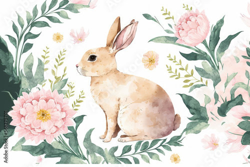 Hare, rabbit, spring flowers, and leaves are all featured in a watercolor seamless design. Easter rabbit silhouette with pink flower buds and leaves. nature and bohemian style. Generative AI