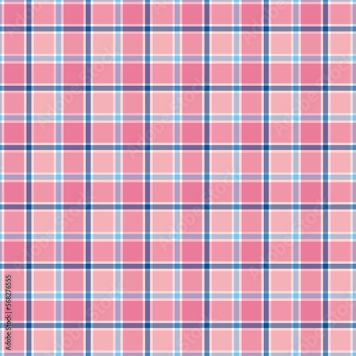 Seamless blue and pink checkered plaid fabric pattern texture. Blue Stripes crossed horizontal and vertical lines.Seamless gingham checkered pattern