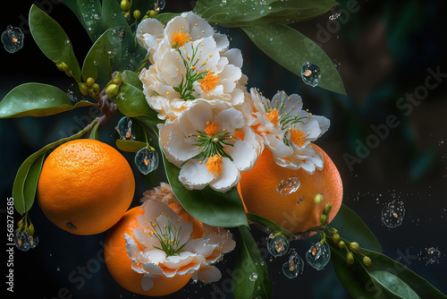 Orange blooms and Valencian oranges after being reined with water drops. Spain. Spring. Generative AI photo