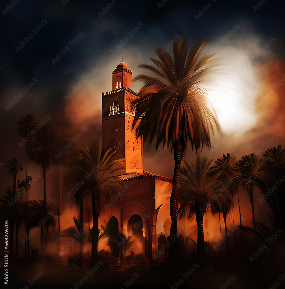 Marrakech Mosque Watercolor - Created with Generative AI Technology