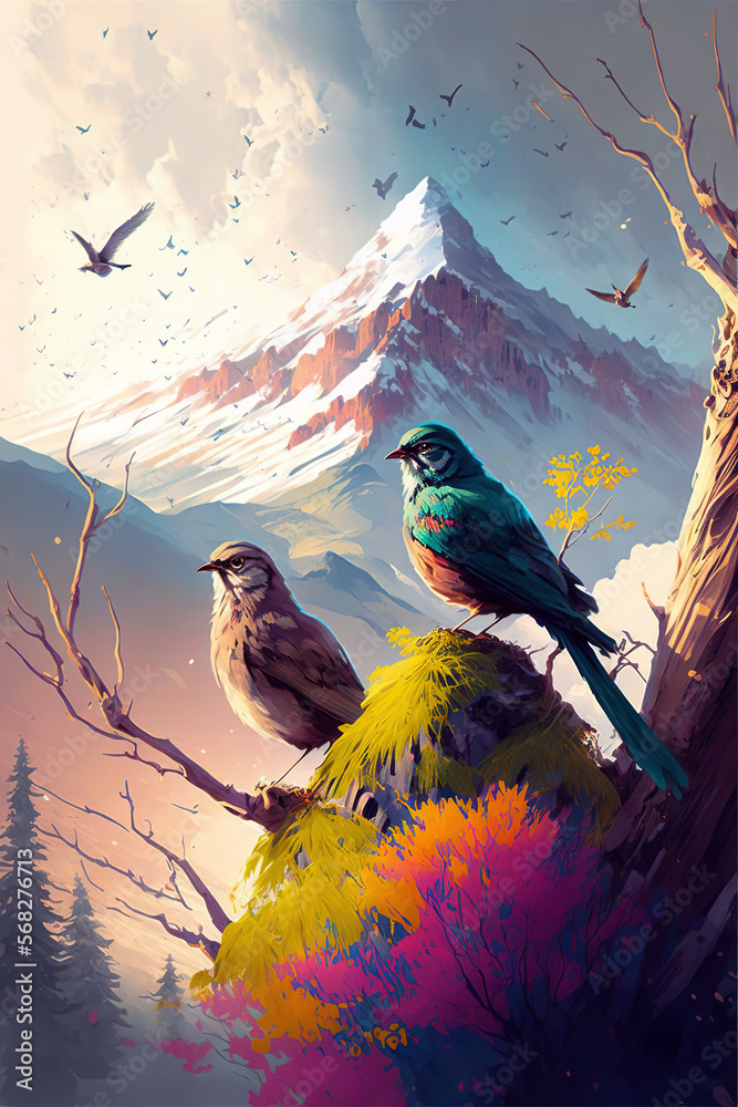 Birds in nature and mountains - Created with Generative AI Technology ...