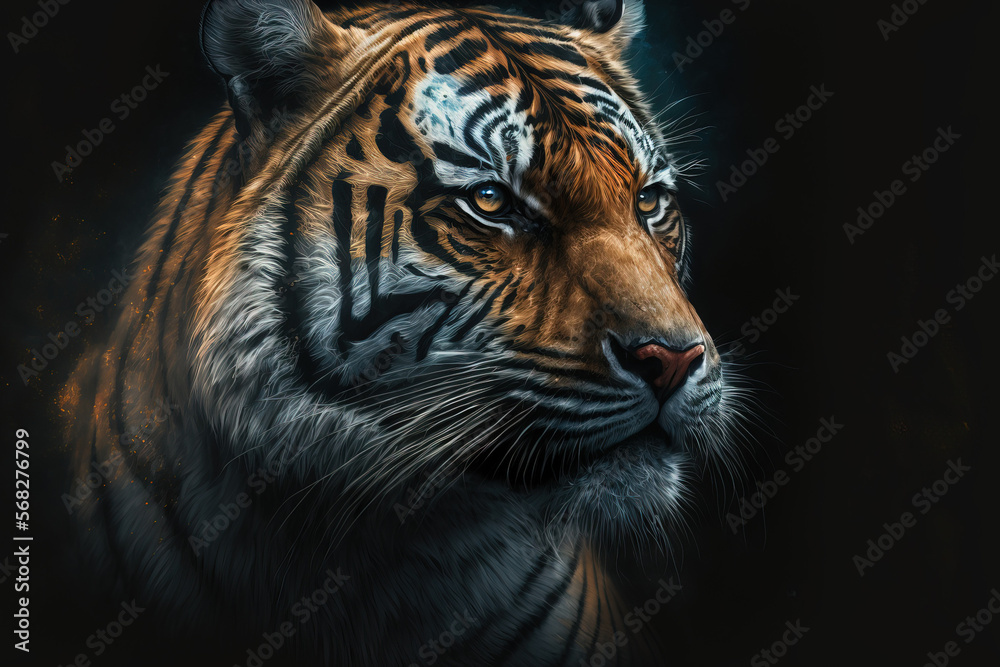 Fototapeta premium Tiger portrait with a dark background. Generative AI