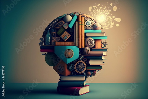 Lern Konzept mit Buch, Gehirn,Glühbirne und vielen Ideen. Bildung und Lernen. 
 photo