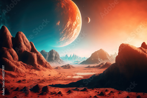 For space exploration and science fiction backgrounds  imagine a red planet with a desolate terrain  rocky hills and mountains  and a massive moon that resembles Mars at the horizon. This image s comp