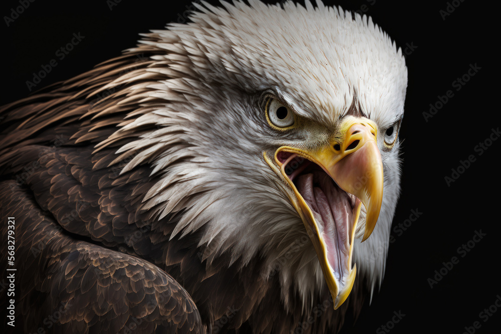 Fototapeta premium Black background with a furious North American bald eagle. Generative AI