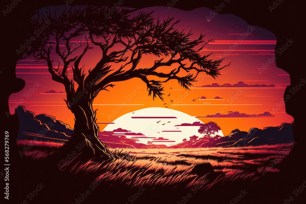 sunrise in the year 2023 at a barren grassland silhouette. Generative AI