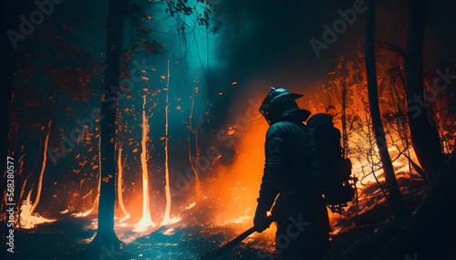 Defending Against the Flames: Firefighters in the Forest created with Generative AI technology 