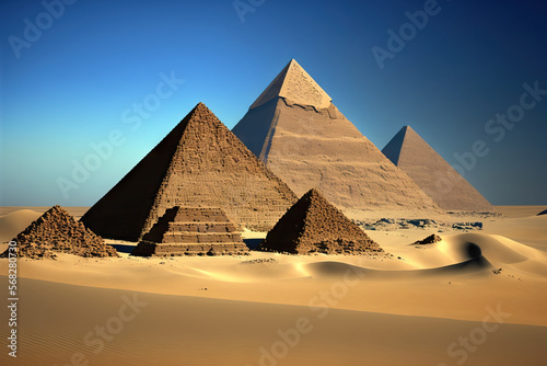 Egyptian pyramids with a clear sky in a region of sand. Generative AI