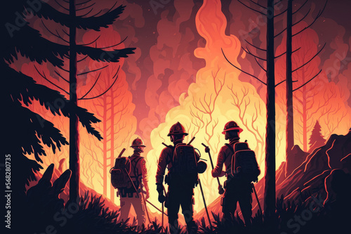 Firefighters team battle a wildfire because climate change and global warming is a driver of global wildfire trends. Generative AI