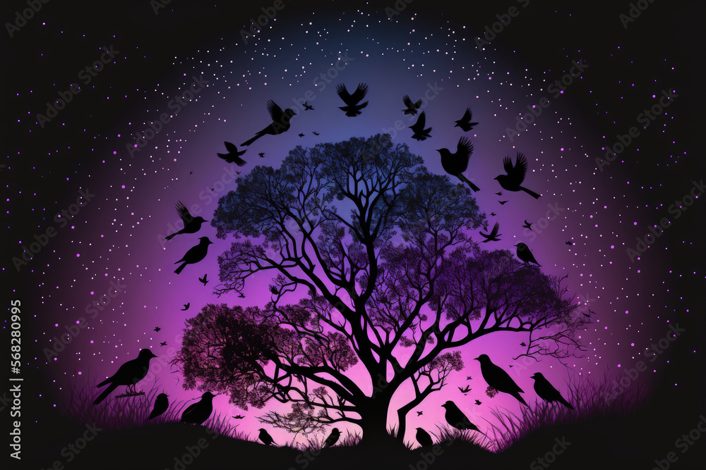 Silhouetted Black Purple Night Gradient Star studded birds and a dark, black tree. Generative AI