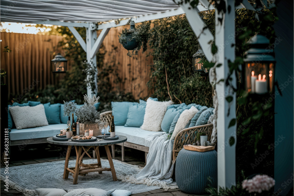 Illustrazione Stock a boho and cozy backyard entertaining area under a  white wooden pergola on concrete with touches of rattan, AI assisted  finalized in Photoshop by me | Adobe Stock