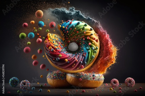 Fresh sweet donuts in motion with multicolored fruit glaze and sprinkles decorated. Fast sweet food concept, bakery ad design elements with glazed frosted falling doughnuts isolated , generative by ai © nishihata