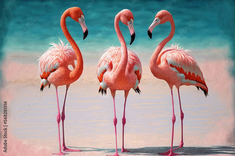Flamingos on the beach, three of them. Generative AI Flamingos on the beach, three of them. Generative AI