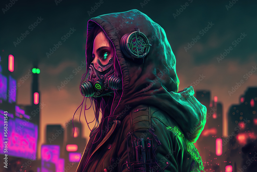 A stylish cyberpunk girl wearing a leather hooded jacket is sporting a gas  mask with safety