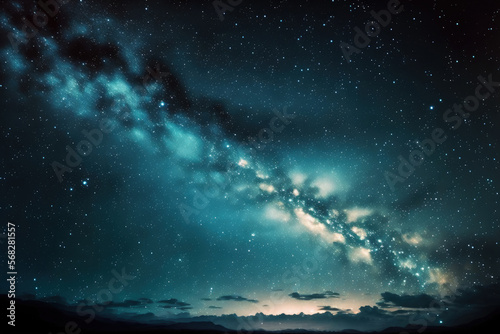 Panorama blue night sky milky way and star on dark background.Universe filled with stars, nebula and galaxy with noise and grain.Photo by long exposure and select white balance. Generative AI