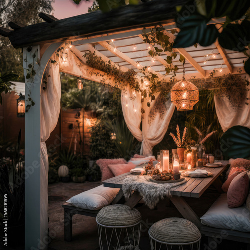 Fotografia a boho and cozy backyard entertaining area under a white wooden pergola with tou