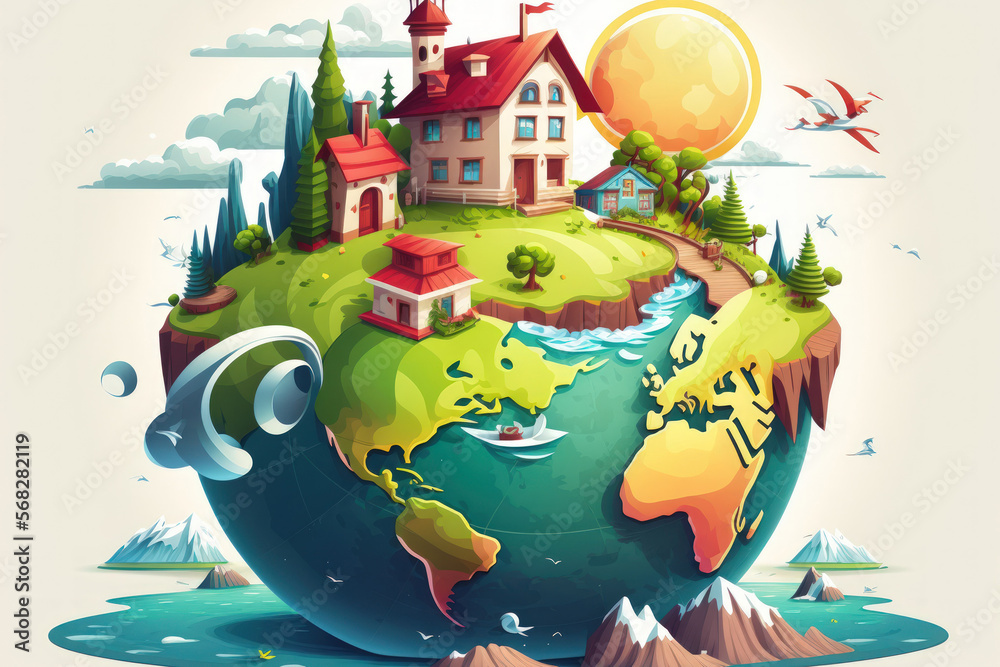Naklejka premium Background of the Earth Planet with a House and Nature Cartoon representation of the earth's world globe with features of its environment and architecture, including a house, city, mountains, volcano