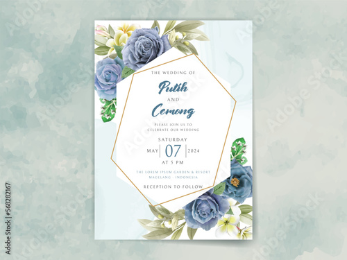 wedding invitation with elegant royal blue roses