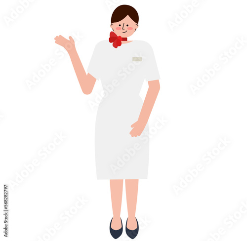美容部員・エステティシャンの女性が片手を上げて案内しているイラスト(半袖）
