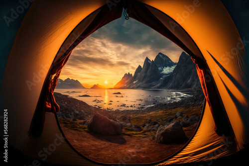 In the Lofoten Islands, wild camping. a tent for camping amidst mountains. camping area behind the polar circle at sunset. View of a stunning scenery during the midnight sun. Generative AI