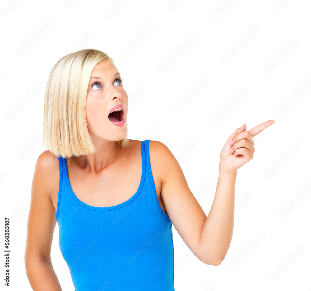 Fototapeta premium Shocked woman and pointing for space, product placement and discount girl isolated on white studio background. Young female, lady and gesture for choice, sales and advertising for deal and surprised