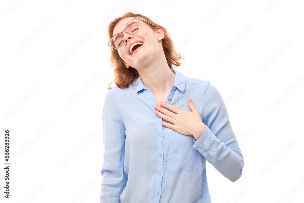 Portrait of positive redhead girl in business shirt emotionally rejoices and feels happy isolated on white background, advertising banner Portrait of positive redhead girl in business shirt emotionally rejoices and feels happy isolated on white background, advertising banner
