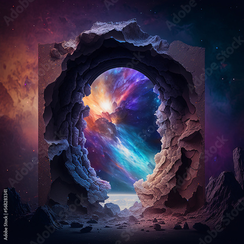 stone portal in space surrounded by a colorful nebula and you see galaxies in the background. Looking into infinity with fractals shapes of dust and gases. holographically, 4d space, hypervisualizatio