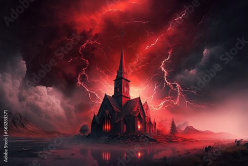 Dramatic religious backdrop including the infernal realm, dazzling lightning in the end of the dark world's red sky, and eternal damnation. Generative AI