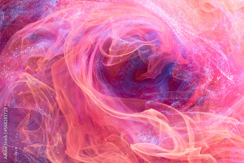 Gentle Pink abstract ocean background. Splashes  drops and waves of paint under water  clouds of smoke in motion