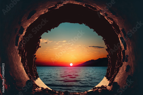 sunset seascape with an unsettling hollow tunnel. Generative AI