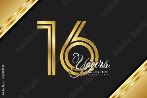16th anniversary logo design with double line. Gold color numbers with silver text. Logo Vector Illustration photo