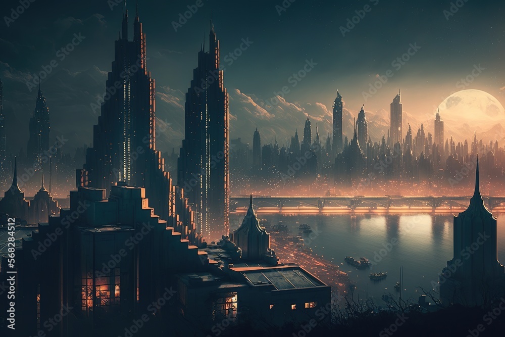 Fototapeta premium Cityscapes and Skyscrapers: A Dynamic Urban Landscape of Silhouetted Buildings, Sunsets, and the Buzz of City Life generative ai
