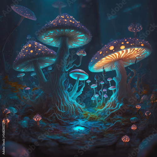 Fantasy forest with magical illuminated mushrooms