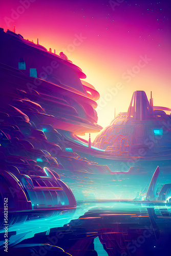 Blue Space Port - Futuristic Graphic Art, Futuristic space station, Generative AI