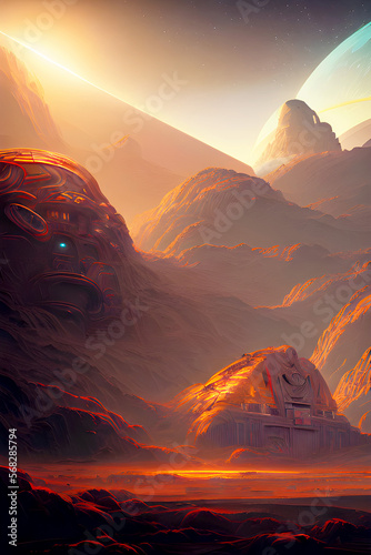 Brown Space Desert Mountain  - Futuristic Graphic Art, Fantasy alien planet, Generative AI