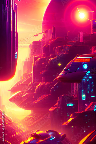 Futuristic red city at night moon - Futuristic Graphic Art, Generative AI