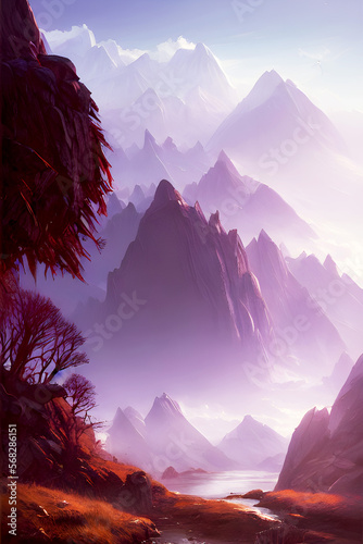 Violet Space Lake - Landscape Graphic Art, Generative AI