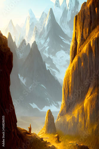The entrance of the death valley - Landscape Graphic Art, Fantasy landscape with snow mountains, Generative AI