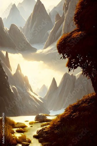 Sunset Space Ravine - Landscape Graphic Art, Generative AI