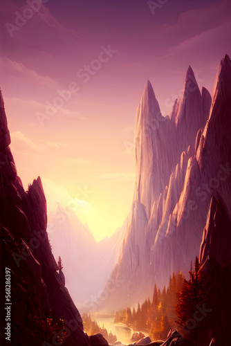 Violet Golden Sunset - Landscape Graphic Art, Generative AI