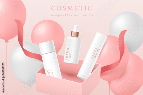 Cosmetics and skin care product ads template in pink gift gift box with ribbon and balloons.