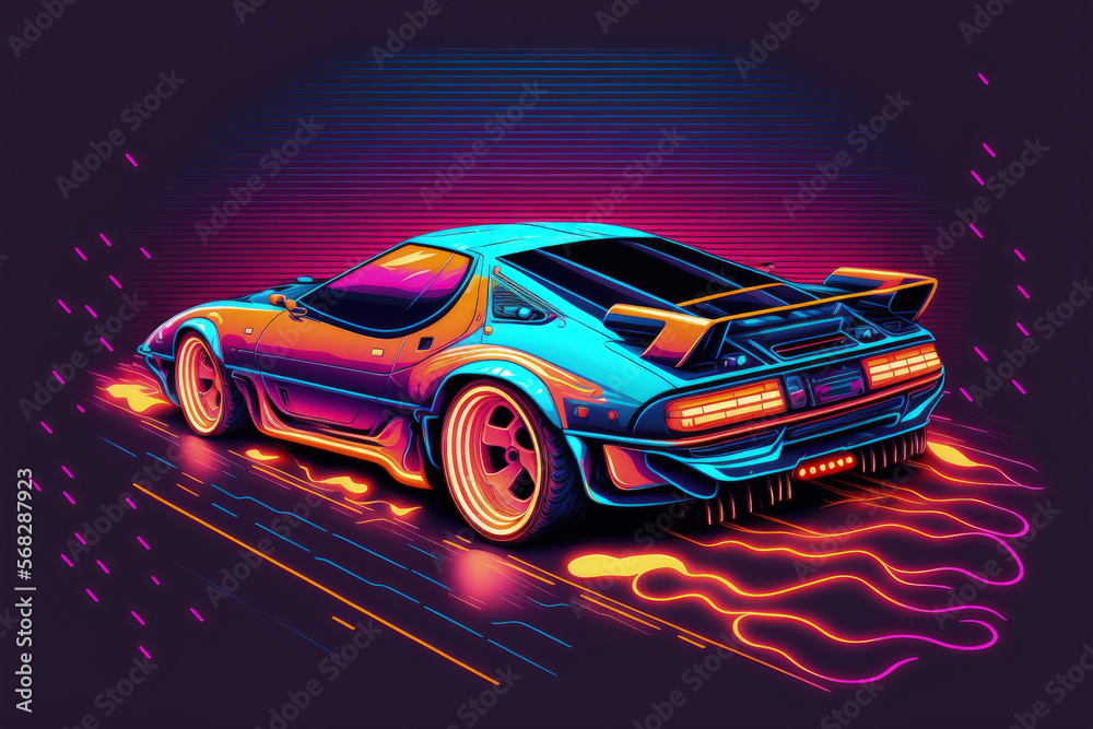 Retro wave synthesizer futuristic wave vehicle. Retro sport automobile with outlines of neon lighting. Illustration using digital painting. Generative AI