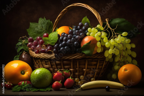 Fresh fruits and veggies background. Generative AI